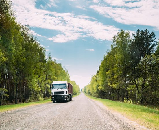 Truck, Tractor Unit, Prime Mover, Traction Unit In Motion On Cou Truck, Tractor Unit, Prime Mover, Traction Unit In Motion On Country Road Through Forest, Freeway. Cloudy Sky Above Asphalt Motorway, Highway. Business Transportation Concept